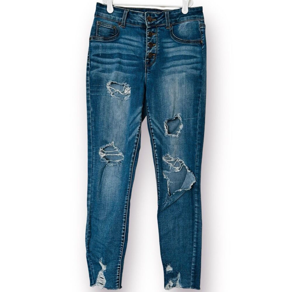 Maurices High Rise Skinny Blue Jeans Womens Small S Distressed Button-Fly